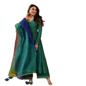 GREEN CHANDERI SUIT WITH ORGANZA DUPATTA