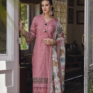 PEACH LINEN COTTON FABRIC EMBROIDERED WORK STRAIGHT CUT KURTA WITH COTTON LINING, PANT AND DUPATTA SET